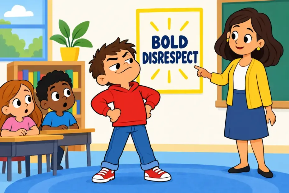Cartoon pupil answers back while a teacher frowns, showing insolent in a sentence as bold disrespect.