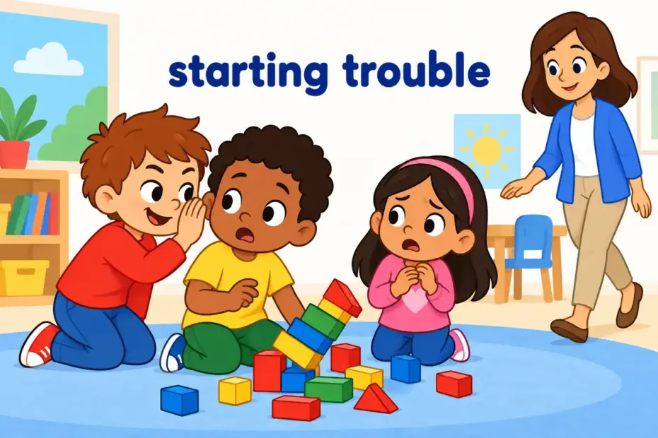 A child starts a small disagreement after a block tower falls, illustrating instigate in a sentence as provoking trouble.