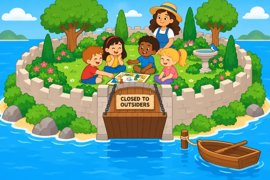 Cartoon island children play inside a walled garden, showing insular in a sentence as being closed off from outside influence.