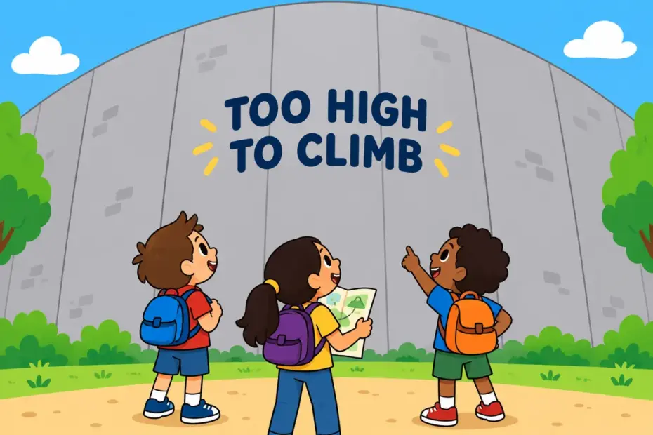 Cartoon children stare up at a giant smooth wall, showing insurmountable in a sentence as an obstacle too great to pass.