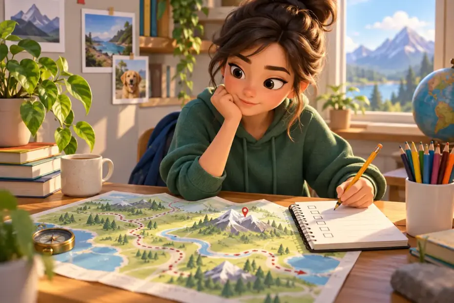 A focused student studies a map while preparing for a planned project.