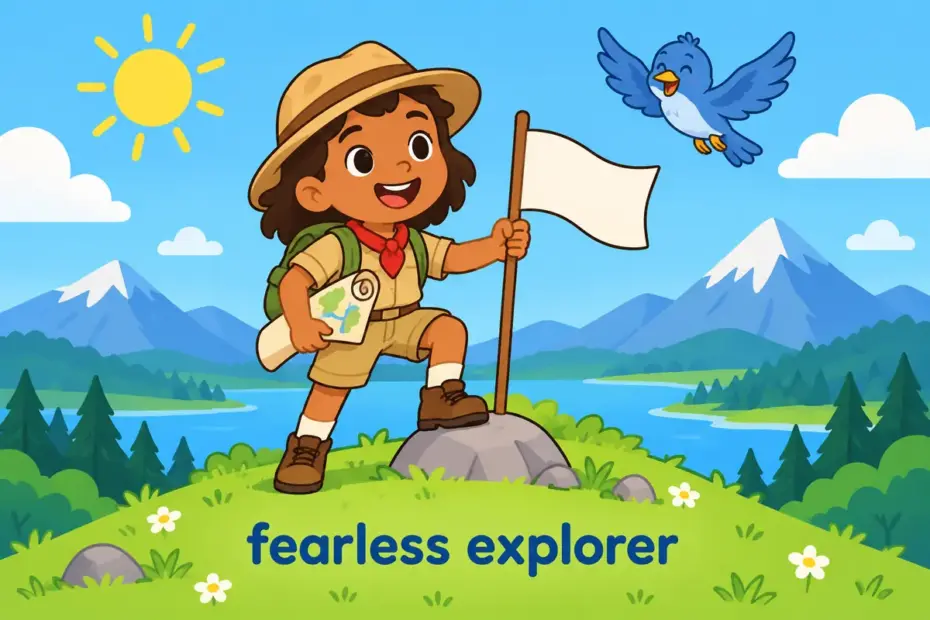 Cartoon child in a sunhat plants a flag on a hilltop with a map in hand, showing intrepid in a sentence as fearless adventure.