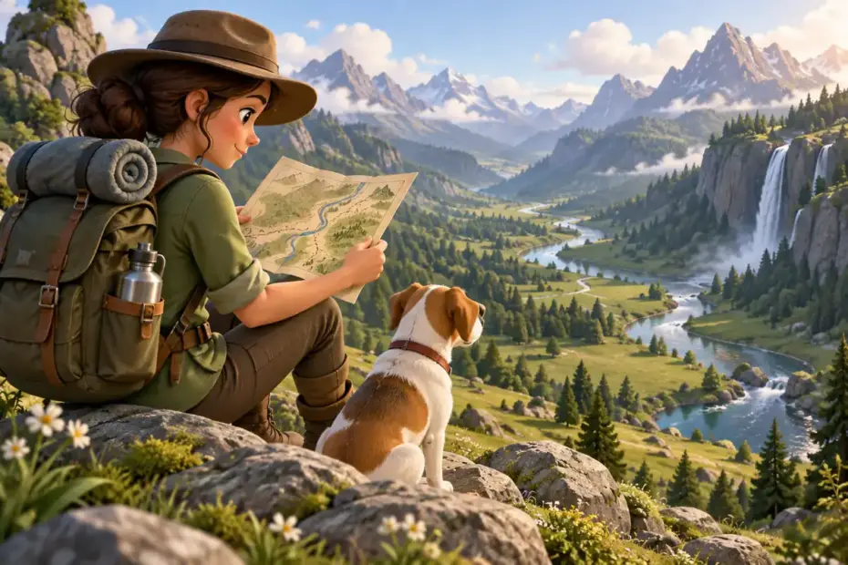 An explorer studies a route before crossing a remote green valley.