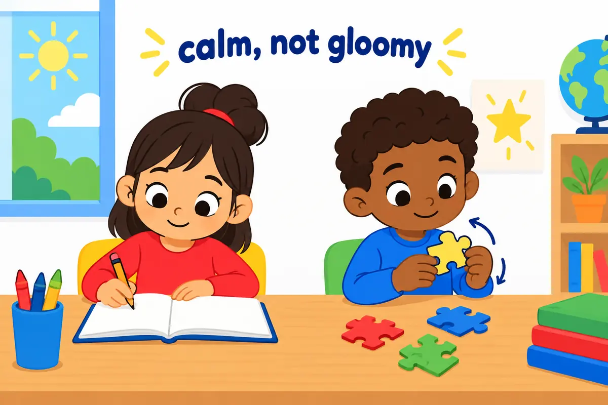 Calm self-review differs from brooding repetition, shown together in one classroom scene.