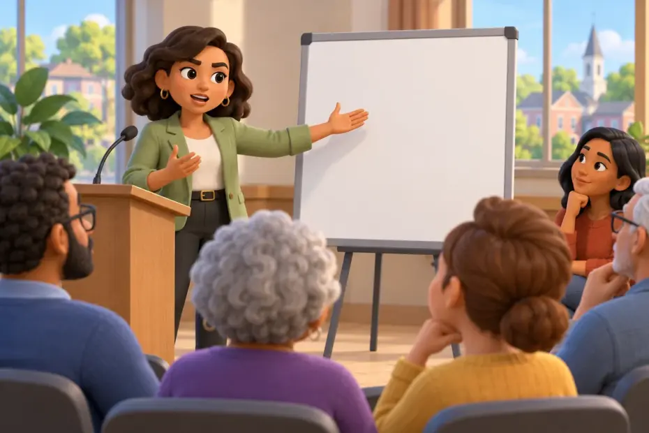 A speaker addresses a community meeting with a firm, measured gesture.