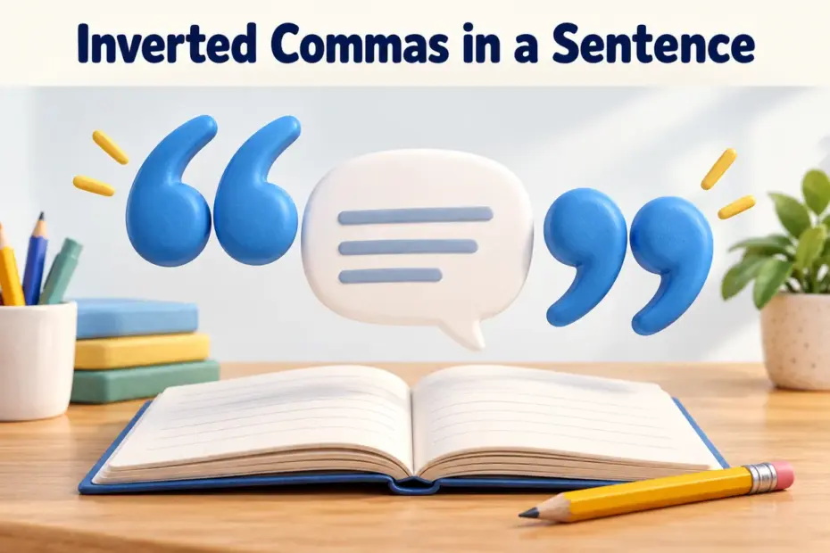 Large opening and closing quotation marks frame a speech bubble above an open notebook.