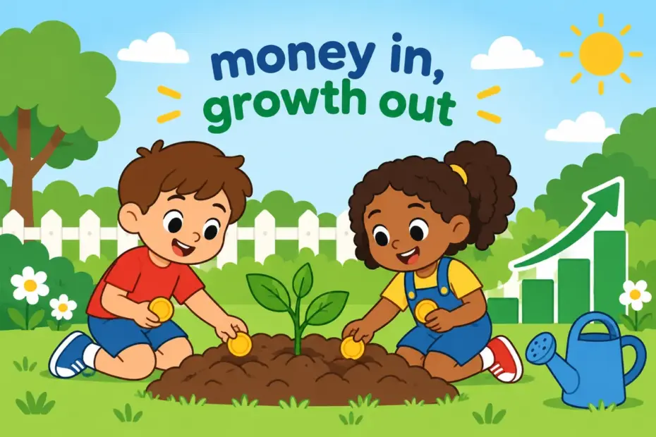 Cartoon children plant coins in a garden bed beside a rising chart, showing investment in a sentence as patience for a future return.