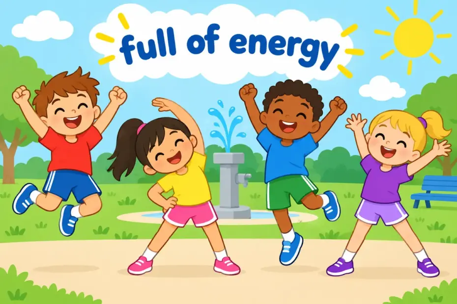 Cartoon children leap and stretch in a sunny playground after a brisk run, showing invigorate in a sentence as renewed energy.