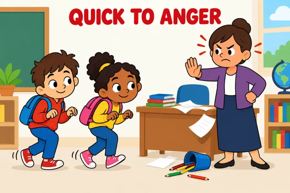 Cartoon children tiptoe past a scowling adult who bangs a desk, showing irascible in a sentence as a lasting quick temper.