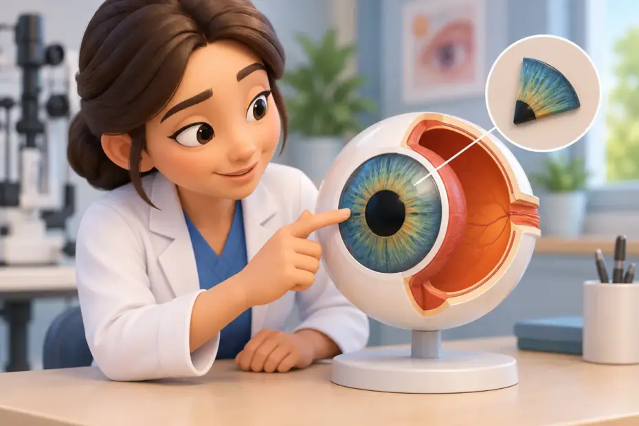 An eye-care professional studies a simplified eye model with the iris visible around the pupil.