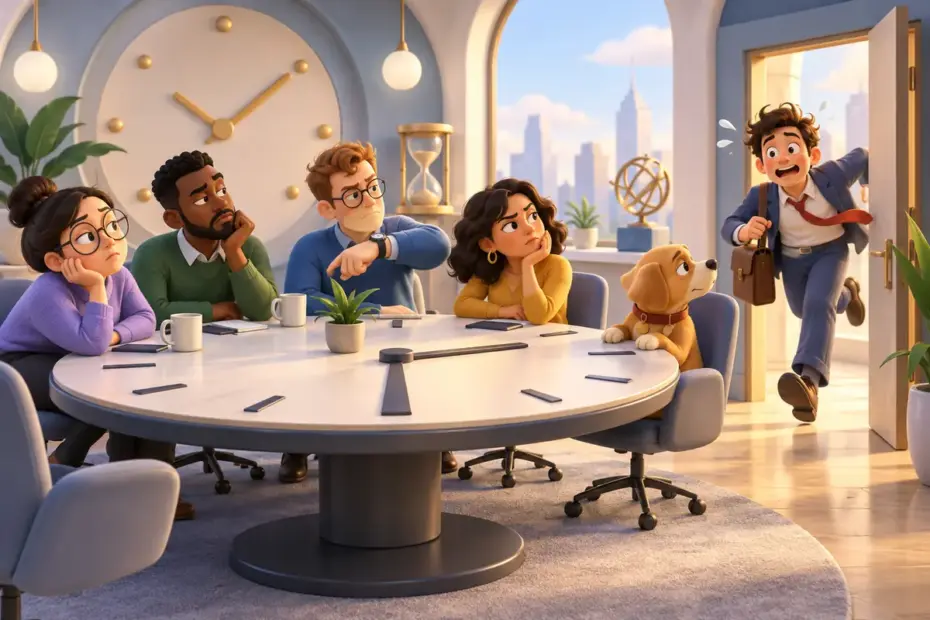 A person arrives at a meeting while others wait.