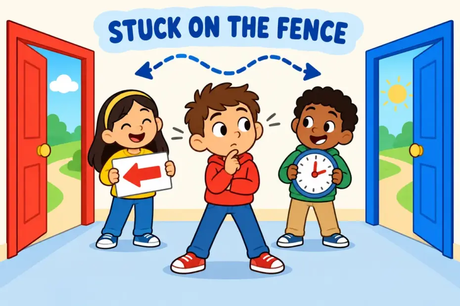 Cartoon children watch one child frozen between two doors, illustrating irresolute in a sentence as inability to decide.