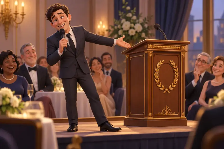 A comedian delivers a playful joke during a formal civic event.
