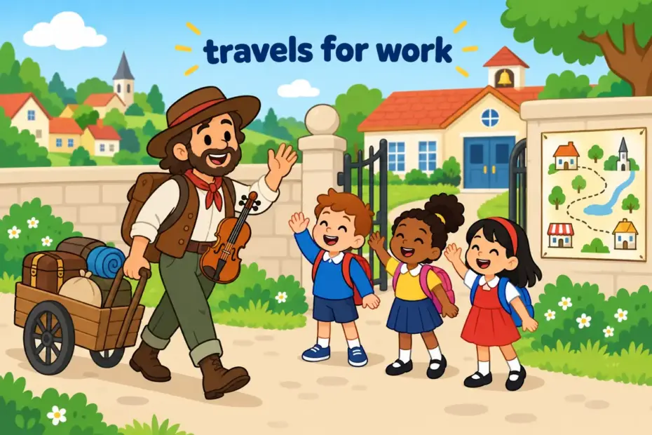 Cartoon children greet an itinerant music teacher arriving at a village school, showing itinerant in a sentence as travel for work.
