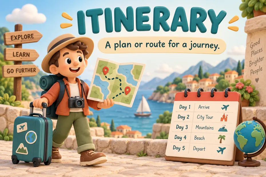 Itinerary means a plan or route for a journey.