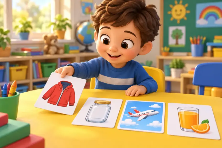 A child sorts picture cards of a jacket, jar, juice, and jet during a J-word lesson.