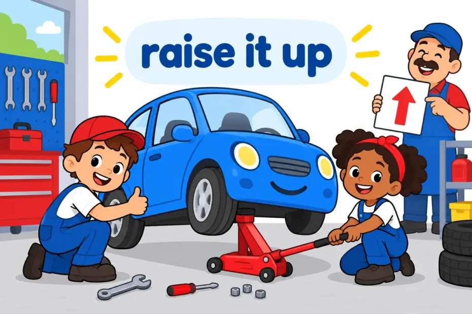 Cartoon mechanics raise a car on a jack while a shop sign behind them shows a price going up, teaching jack up in a sentence.