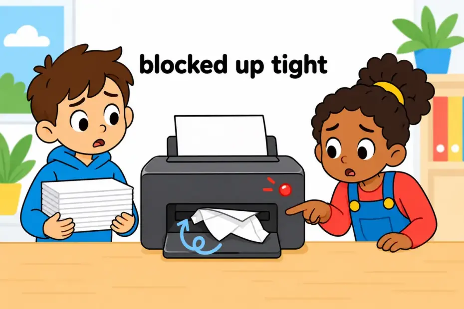 Cartoon children watch a paper tray clog and jam up a printer, teaching jam up in a sentence as a blockage.