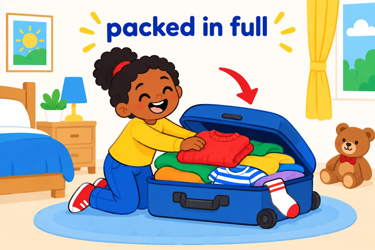 A cartoon child pushes the last items into a full suitcase, showing jam up as packing something tight.