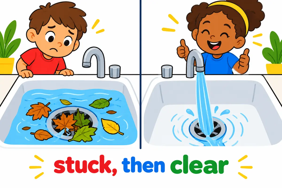 A split cartoon contrasts a clogged sink with an open pipe that flows freely and clears.