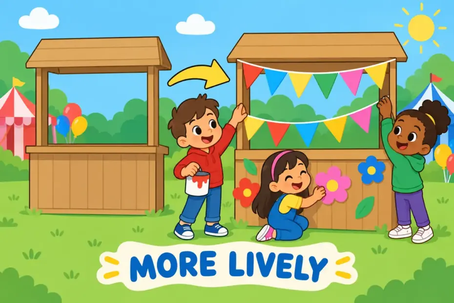 Cartoon children add bright paper decorations to a plain stall, illustrating jazz up in a sentence as adding liveliness.