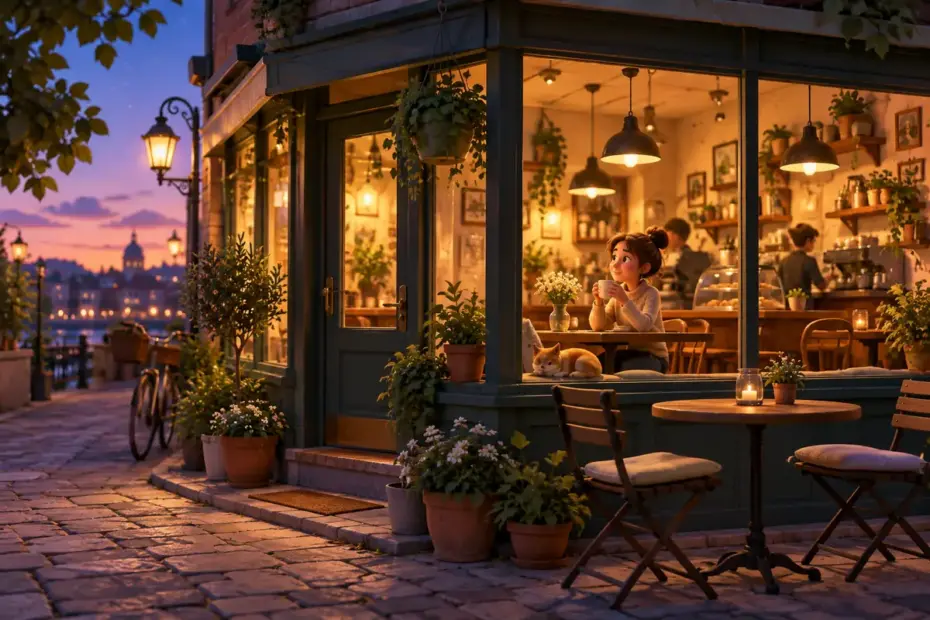 A cozy little café glows warmly at dusk, with a distinctive welcoming atmosphere.