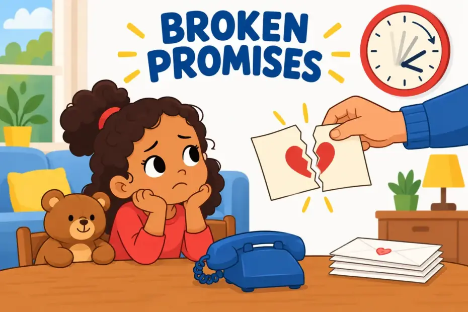 Cartoon child waits by a phone as a promise card is torn up, showing jerk around in a sentence as unfair treatment.