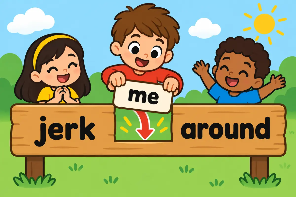 Cartoon hands slide a small labelled block into the gap between the words jerk and around on a wide sign.