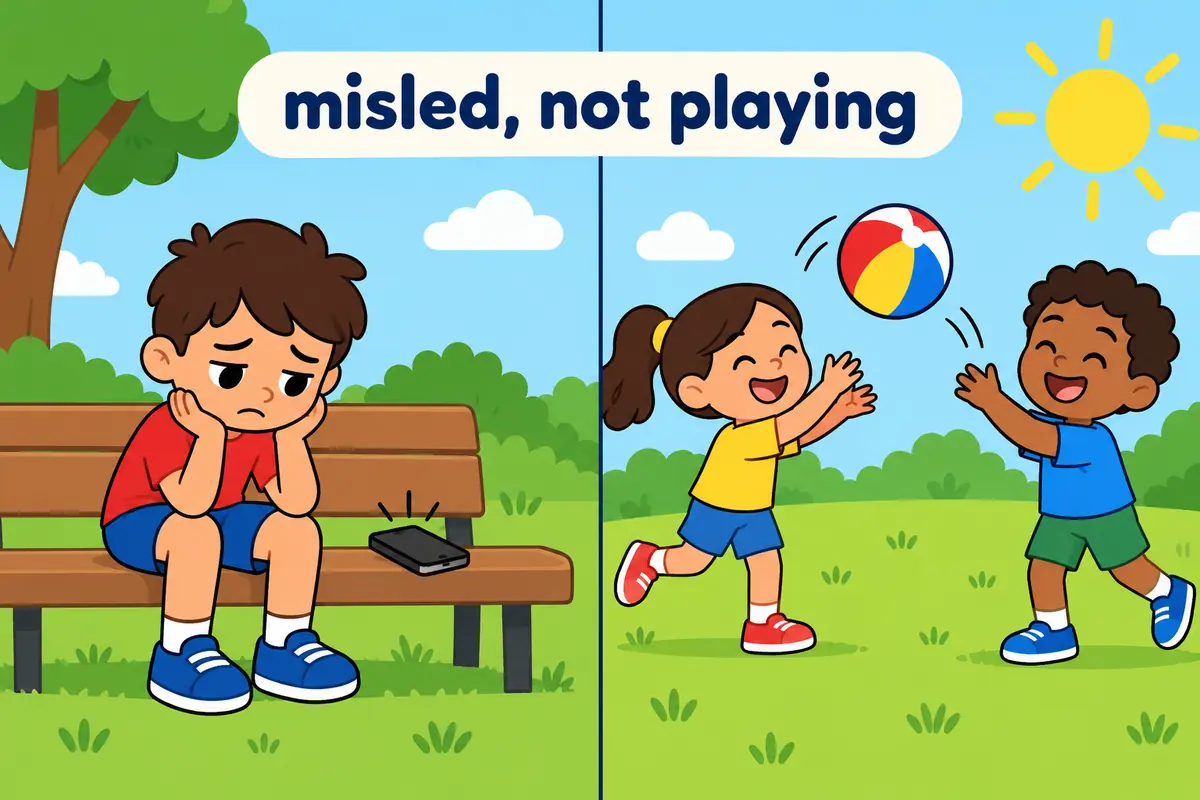 A cartoon split scene shows a let-down child by a silent phone beside cheerful children playing, so jerk around is not fooling around.