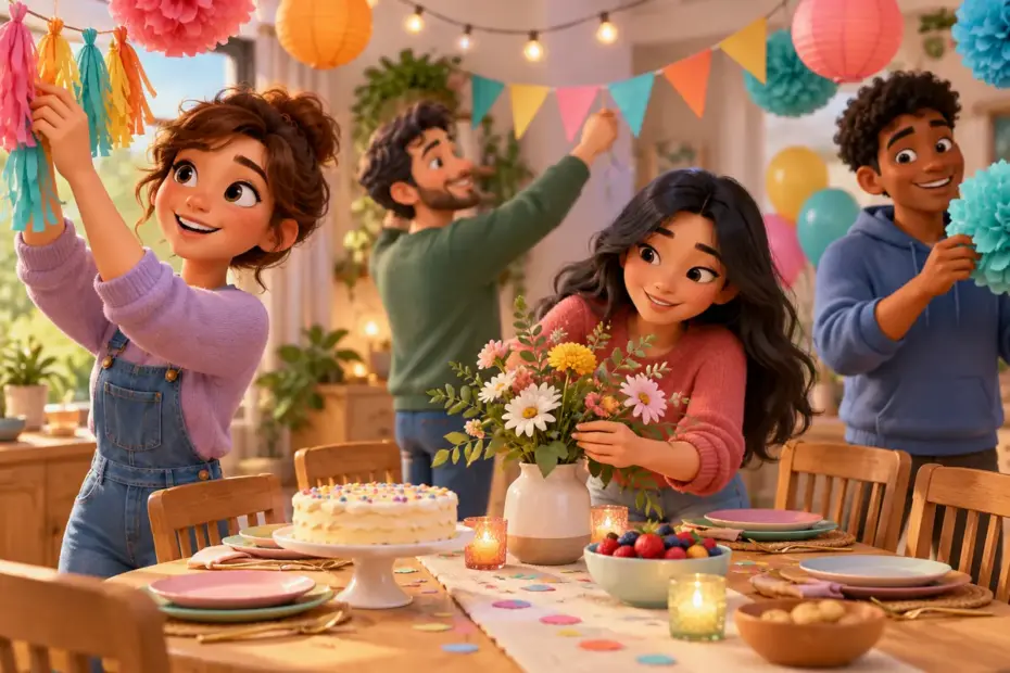 Friends arrange colorful paper decorations around a party table.