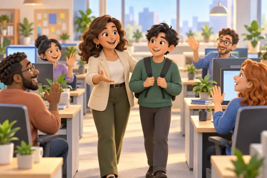 A supervisor introducing a trainee to coworkers at different office desks.