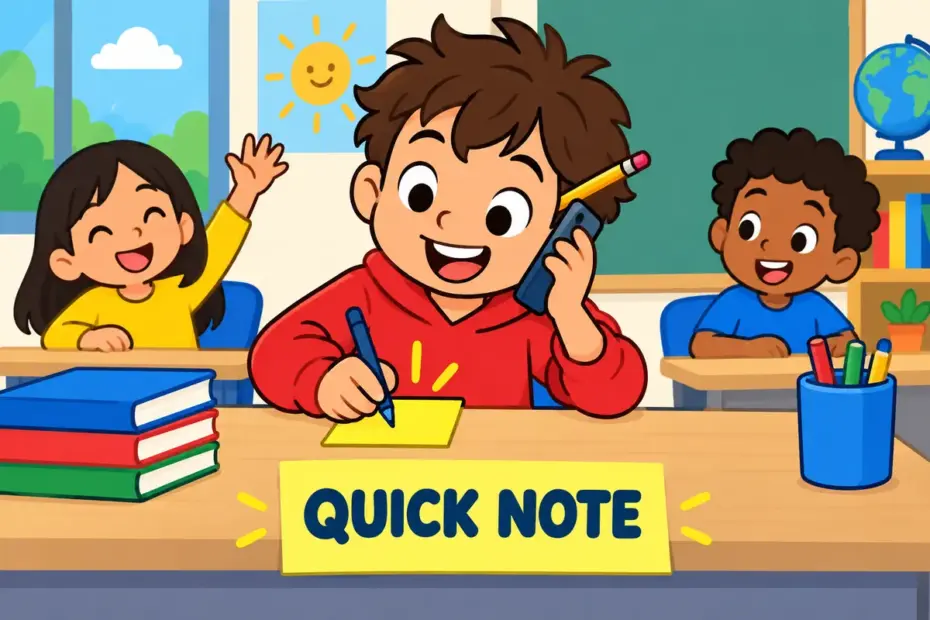 Cartoon child scribbles a phone number on a sticky note, showing jot down in a sentence as a quick written note.