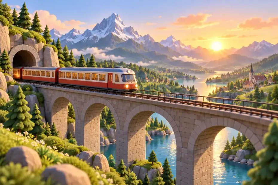 A train travels across a scenic bridge toward distant mountains.