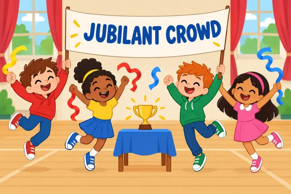 Cartoon pupils leap and cheer with a trophy, illustrating jubilant in a sentence as open joy after a hard-won success.