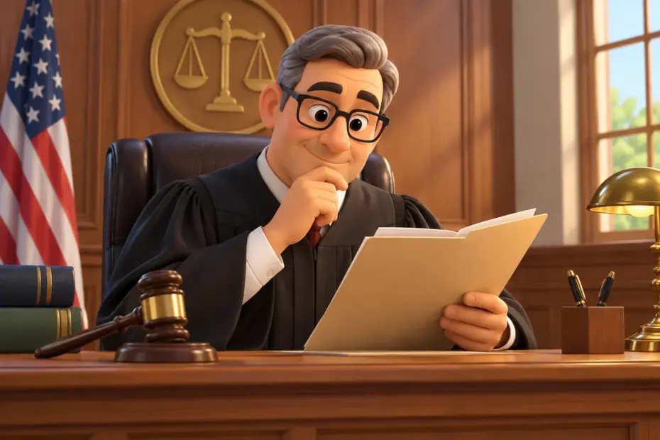 A judge reviews a case file at a courtroom bench.