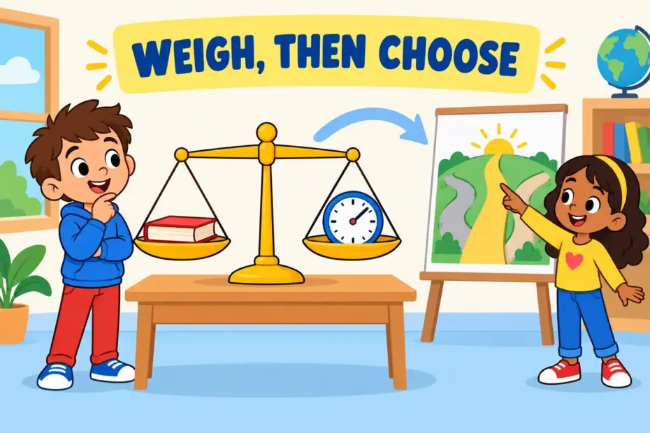 Cartoon child balances two pans on a scale before choosing a path, showing judicious in a sentence as weighed restraint.