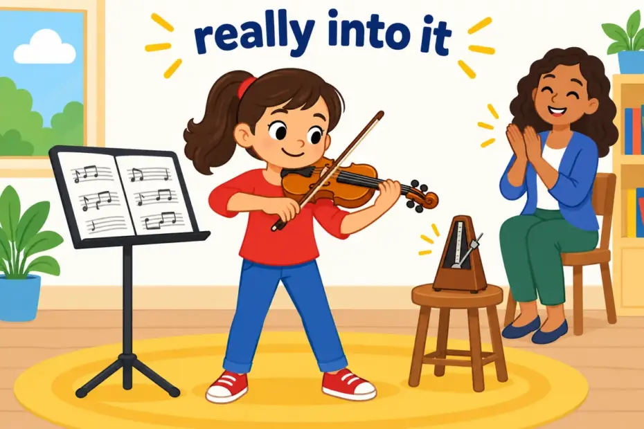 A smiling cartoon girl practices a violin with real enthusiasm, showing keen on in a sentence as being very interested in an activity.