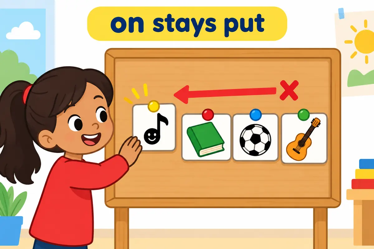A cartoon child sticks the word on to a magnet board while object cards slide in after it, teaching that keen on is not separable.