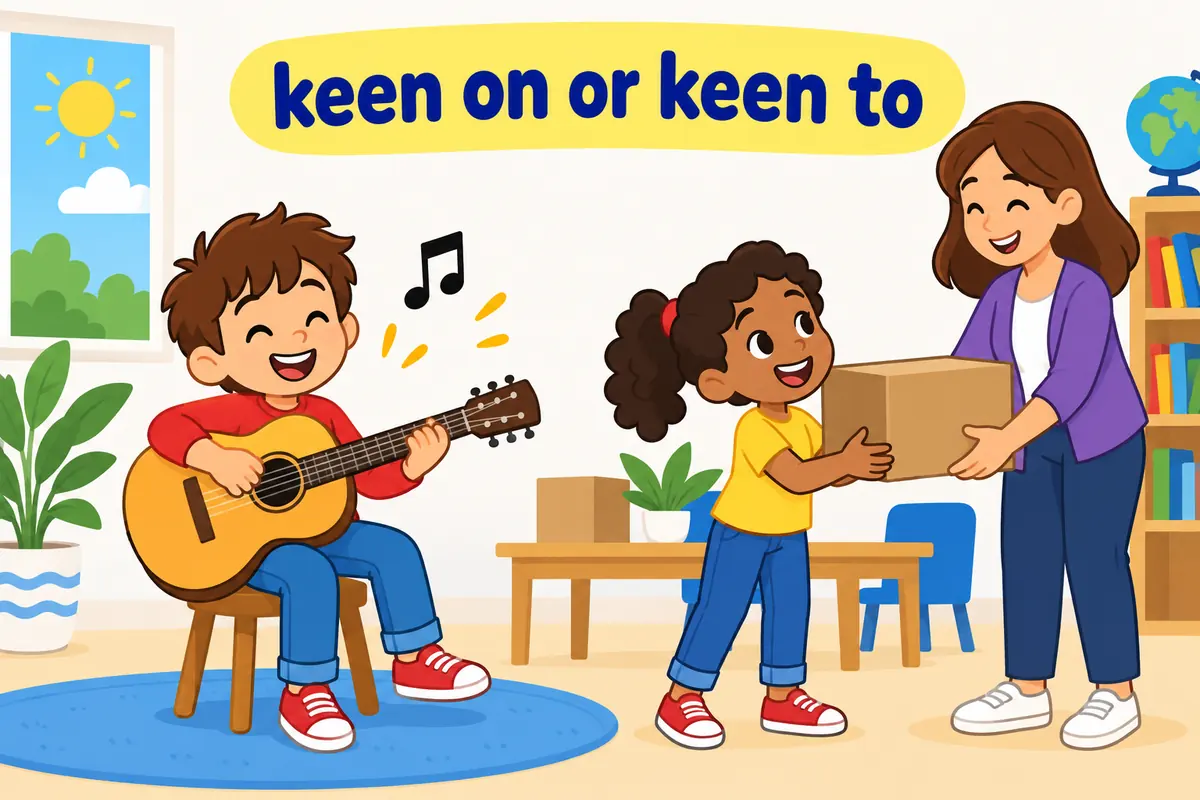 A split cartoon shows a child with a guitar beside another raising a hand to help, contrasting keen on with keen to.