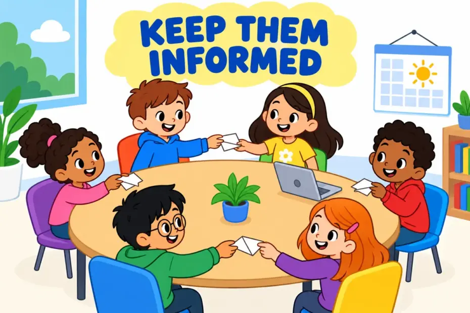 Cartoon colleagues pass a note around a small circle so nobody misses the news, showing keep in the loop in a sentence.