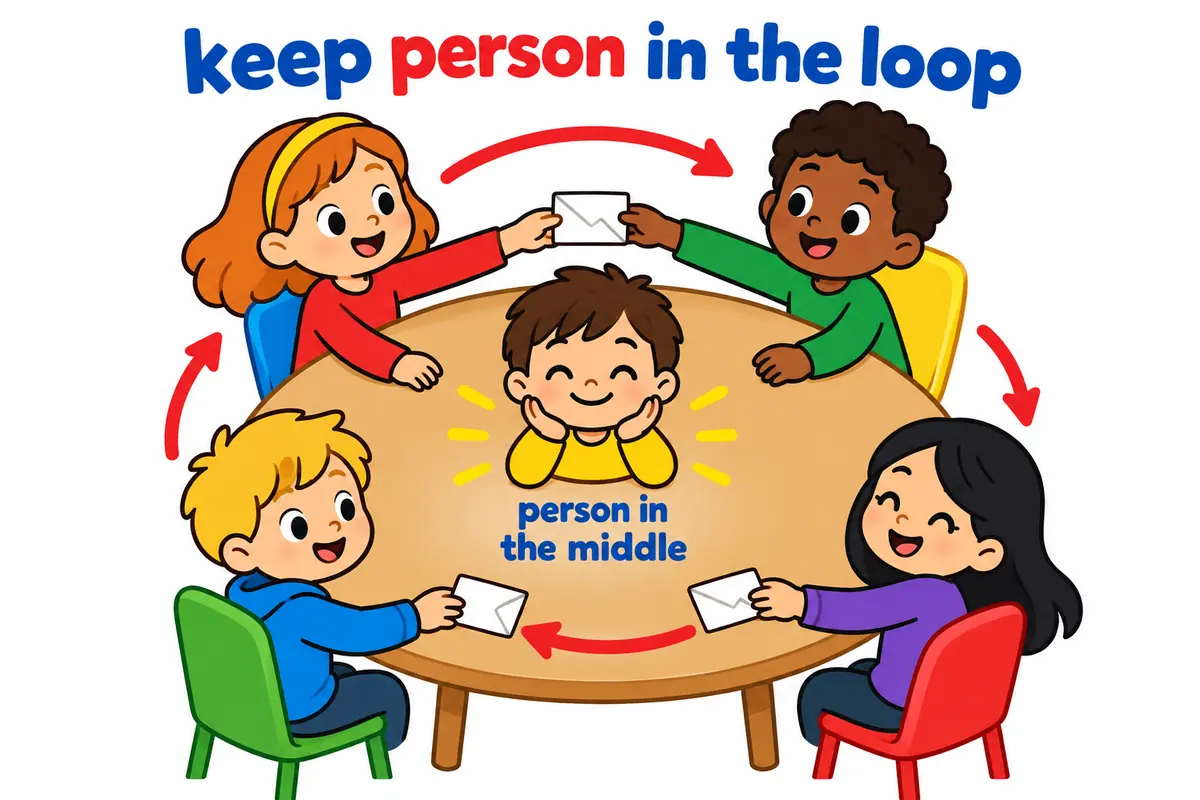 A cartoon child passes a note around a ring of friends so all hear the news, showing keep plus person plus in the loop.