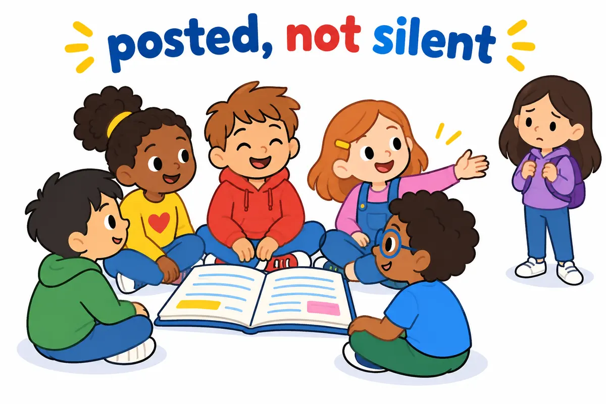 A cartoon shows a child inside a friendly circle sharing news with a child standing outside the ring looking left out.