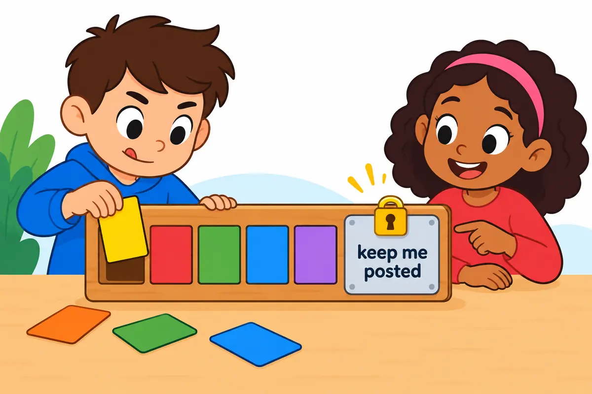 A cartoon board shows a pronoun card swapping between me, us and you while posted stays fixed in place.