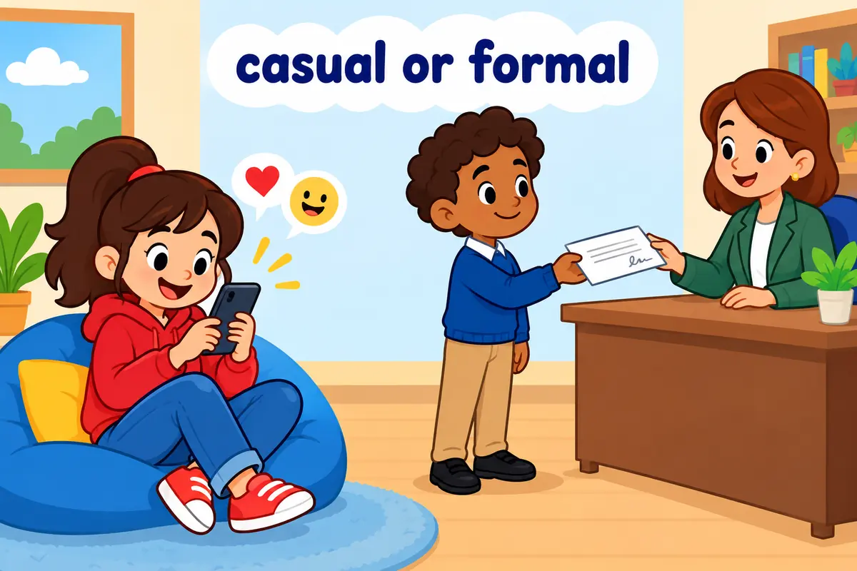 A single unified cartoon scene contrasts a child sending a cheerful text with a child handing over a formal signed letter.