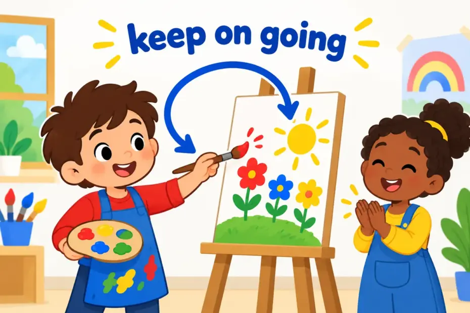 A cartoon child keeps on painting at an easel as a loop arrow curves back, showing keep on in a sentence as continuing an action.