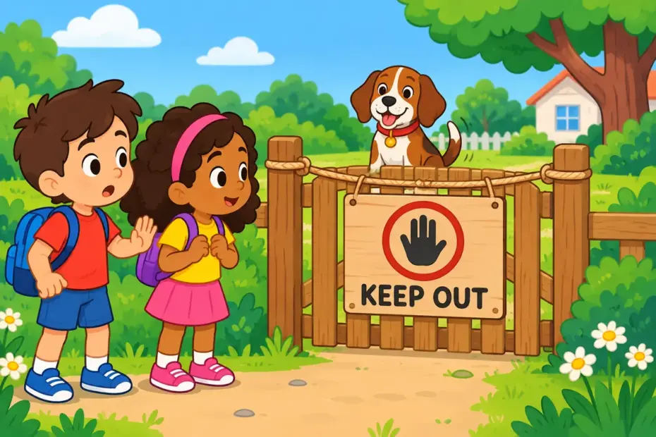 Cartoon children stop at a roped garden gate with a keep out sign, showing keep out in a sentence as barring entry.