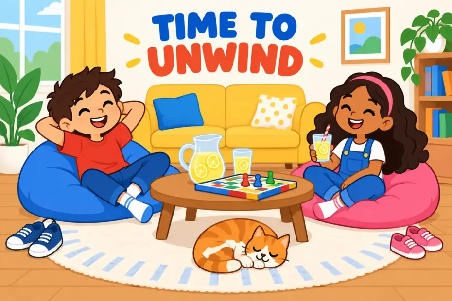 Cartoon children flop happily onto cushions after a game, showing kick back in a sentence as relaxing after effort.