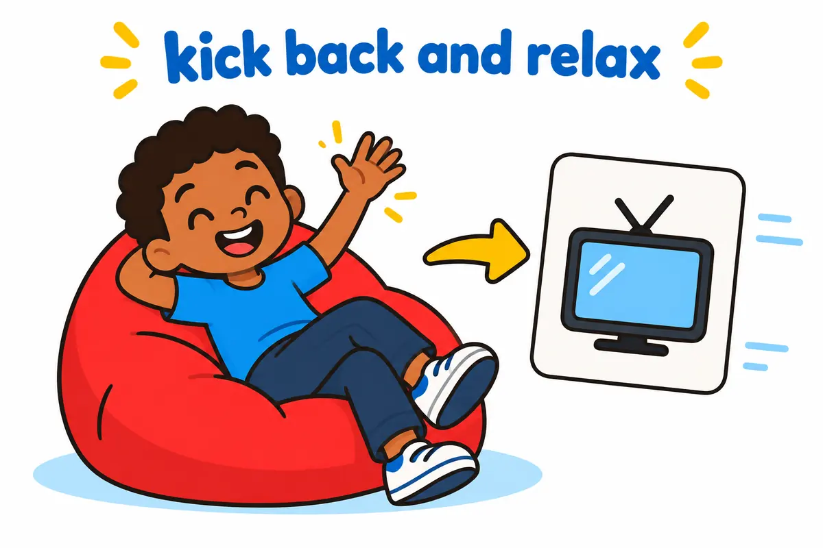 A cartoon child settles into a beanbag while a second blank action card slots beside the phrase kick back.