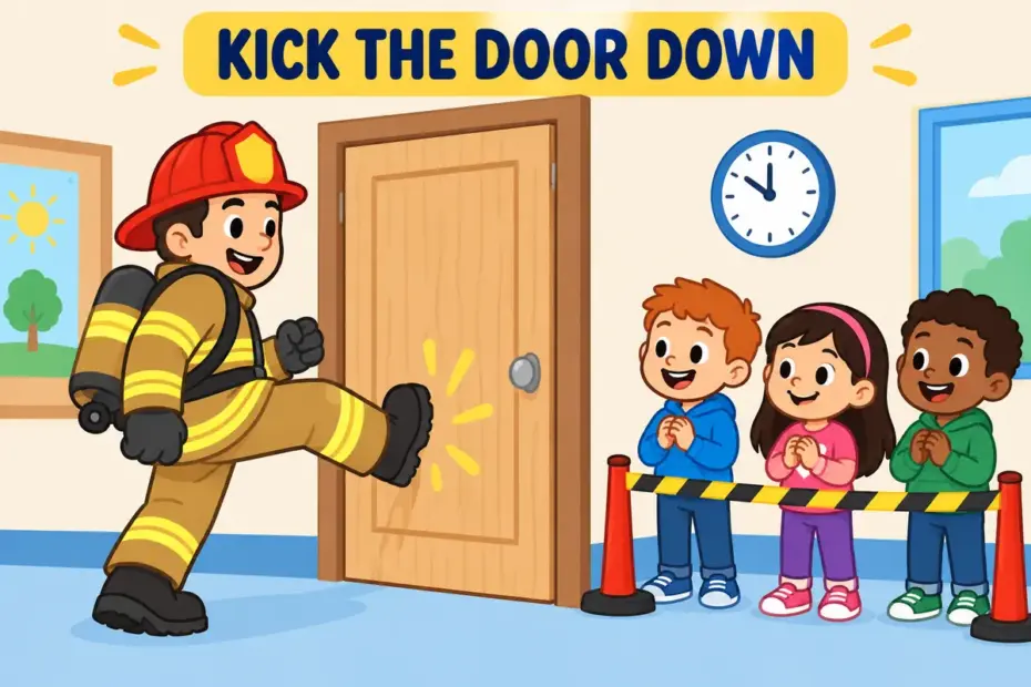 Cartoon children watch a firefighter kick down a light door, illustrating kick down in a sentence as forcing it open with a foot.