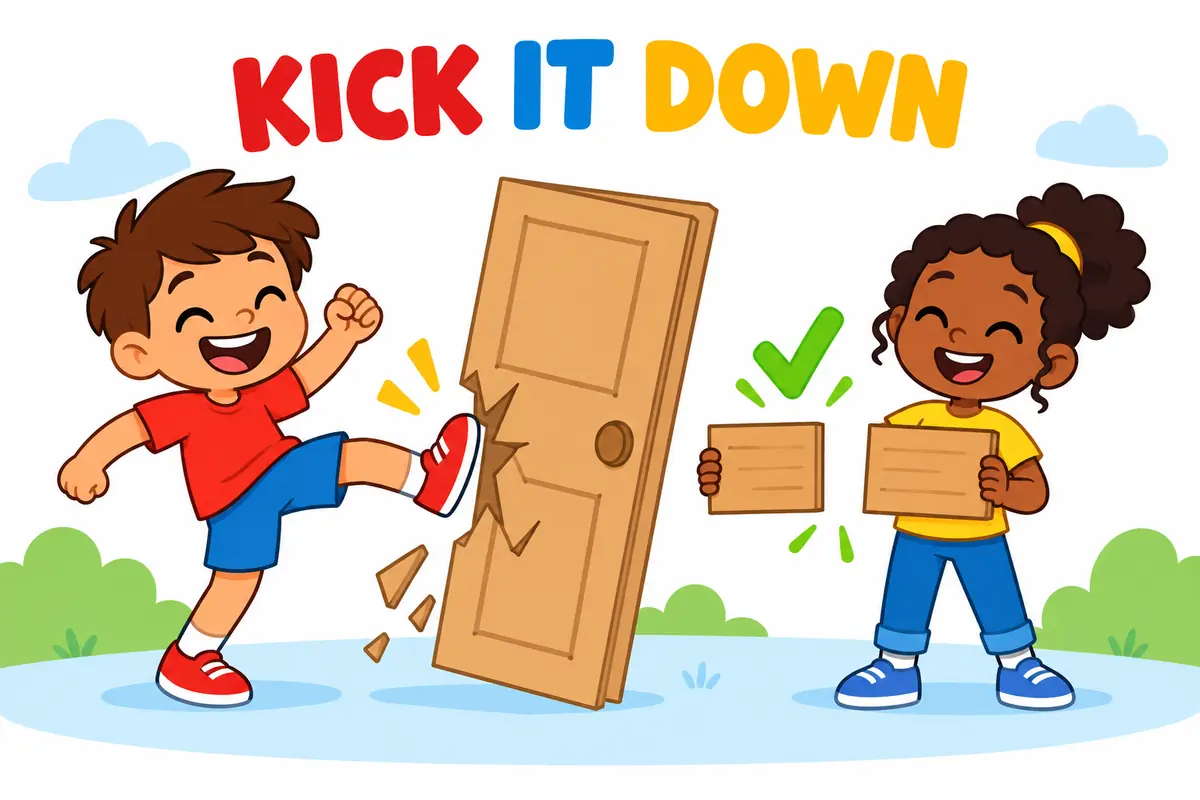 Cartoon children show a card with a pronoun slot between kick and down, illustrating the separable pattern of kick down in a sentence.
